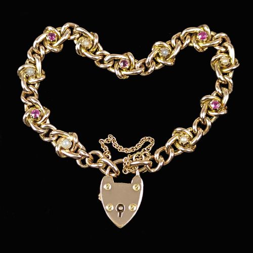 ANTIQUE RUBY AND PEARL HEART PADLOCK CLASP 9CT GOLD VICTORIAN KNOT CURB LINK BRACELET - ADDITIONAL PHOTO 2