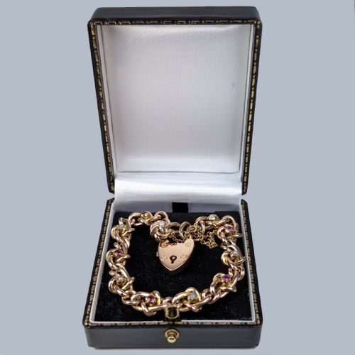 ANTIQUE RUBY AND PEARL HEART PADLOCK CLASP 9CT GOLD VICTORIAN KNOT CURB LINK BRACELET - ADDITIONAL PHOTO 6
