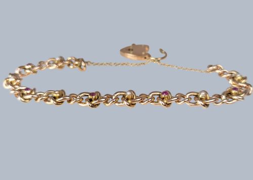 ANTIQUE RUBY AND PEARL HEART PADLOCK CLASP 9CT GOLD VICTORIAN KNOT CURB LINK BRACELET - ADDITIONAL PHOTO 7