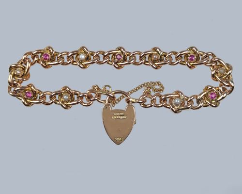 ANTIQUE RUBY AND PEARL HEART PADLOCK CLASP 9CT GOLD VICTORIAN KNOT CURB LINK BRACELET - ADDITIONAL PHOTO 8