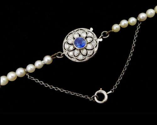 ANTIQUE PEARL NECKLACE DIAMOND SAPPHIRE CLASP WITH GEM CERTIFICATE SINGLE STRAND - ADDITIONAL PHOTO 3
