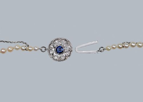 ANTIQUE PEARL NECKLACE DIAMOND SAPPHIRE CLASP WITH GEM CERTIFICATE SINGLE STRAND - ADDITIONAL PHOTO 4