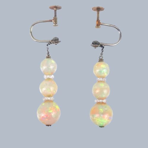 ANTIQUE OPAL AND ROCK CRYSTAL DROP EARRINGS GOLD SILVER DANGLE PENDANT EARRINGS - ADDITIONAL PHOTO 1