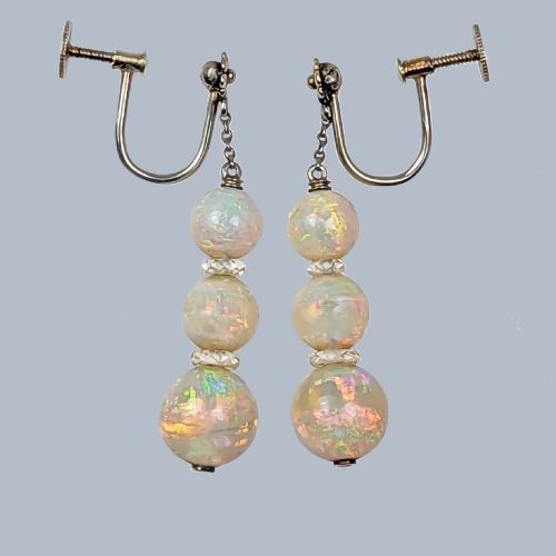 ANTIQUE OPAL AND ROCK CRYSTAL DROP EARRINGS GOLD SILVER DANGLE PENDANT EARRINGS - ADDITIONAL PHOTO 2