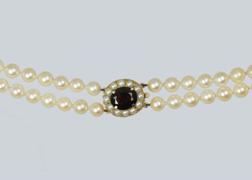 VINTAGE PEARL NECKLACE GARNET CLASP 9CT GOLD LONDON 1964 TWIN STRAND PEARLS 25 LONG - ADDITIONAL PHOTO 8