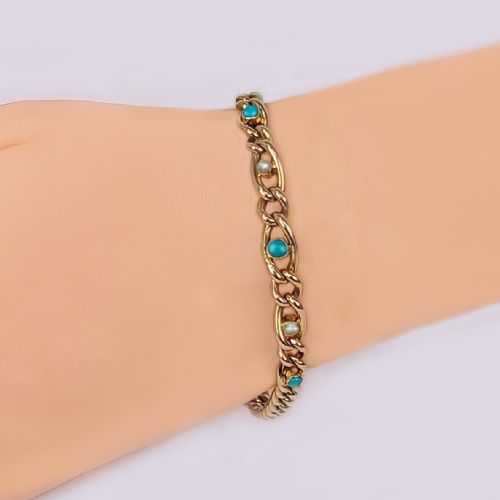 VICTORIAN 15CT GOLD TURQUOISE PEARL CURB LINK BRACELET ANTIQUE BRACELET CIRCA 1880 - ADDITIONAL PHOTO 1