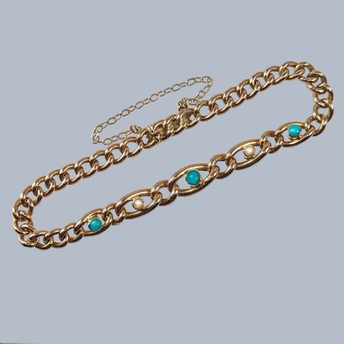 VICTORIAN 15CT GOLD TURQUOISE PEARL CURB LINK BRACELET ANTIQUE BRACELET CIRCA 1880 - ADDITIONAL PHOTO 2