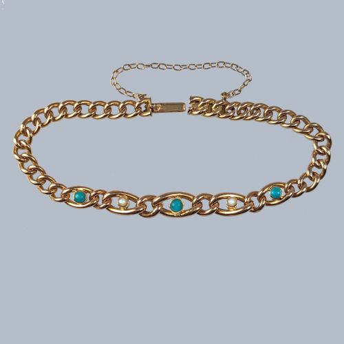 VICTORIAN 15CT GOLD TURQUOISE PEARL CURB LINK BRACELET ANTIQUE BRACELET CIRCA 1880 - ADDITIONAL PHOTO 3