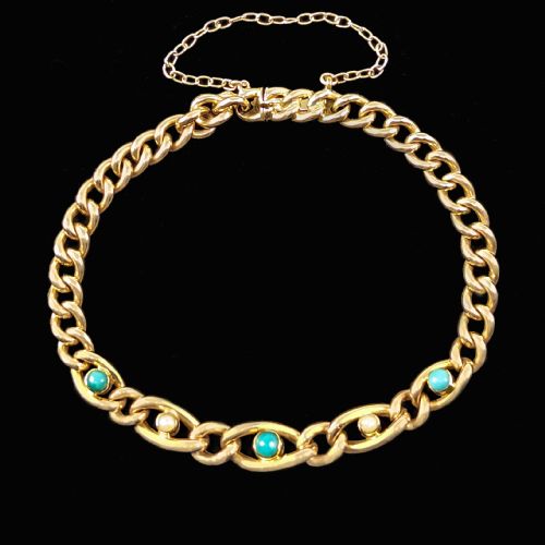 VICTORIAN 15CT GOLD TURQUOISE PEARL CURB LINK BRACELET ANTIQUE BRACELET CIRCA 1880 - ADDITIONAL PHOTO 8