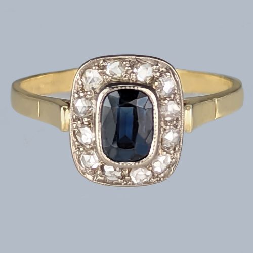 vintage sapphire rose cut diamond cluster ring 14ct gold 1950s victorian style ring - CATEGORY: ANTIQUE JEWELLERY - DATED 1950