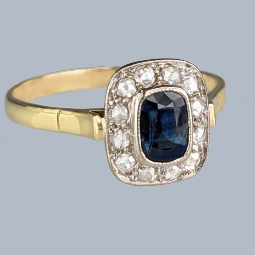 VINTAGE SAPPHIRE ROSE CUT DIAMOND CLUSTER RING 14CT GOLD 1950S VICTORIAN STYLE RING - ADDITIONAL PHOTO 2