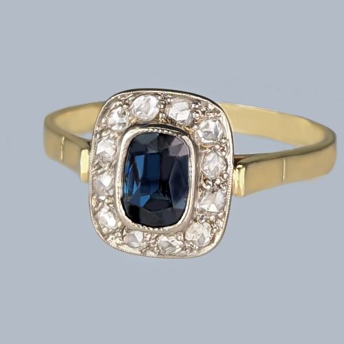 VINTAGE SAPPHIRE ROSE CUT DIAMOND CLUSTER RING 14CT GOLD 1950S VICTORIAN STYLE RING - ADDITIONAL PHOTO 3