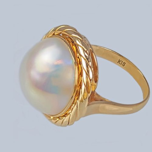 vintage mabe pearl ring 18ct yellow gold 1950s large retro cocktail ring - CATEGORY: ANTIQUE JEWELLERY - DATED 1950