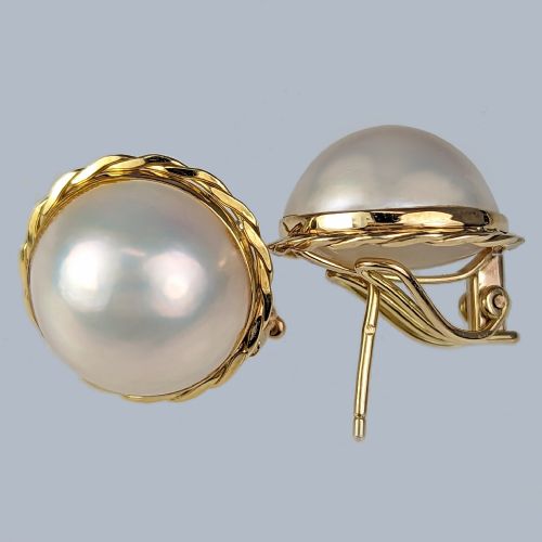 Vintage 18ct Gold Mabe Pearl Earrings 1950s Omega Back Retro Stud Earrings 5/8"