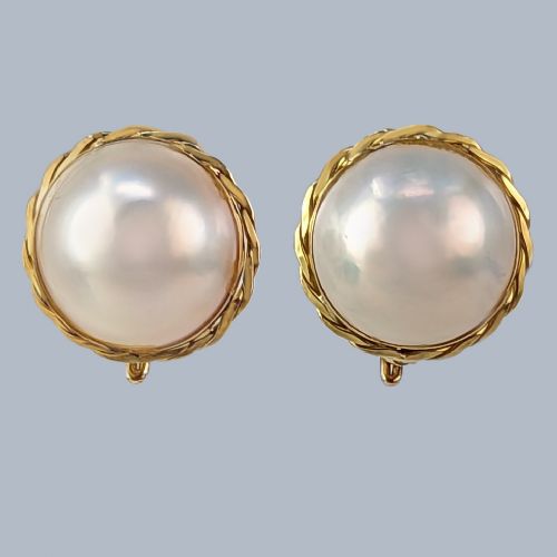 fig 1. Vintage 18ct Gold Mabe Pearl Earrings 1950s Omega Back Retro Stud Earrings 5/8