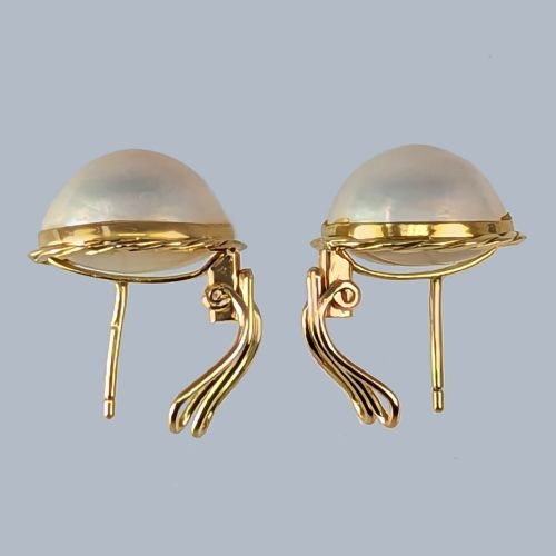 fig 4. Vintage 18ct Gold Mabe Pearl Earrings 1950s Omega Back Retro Stud Earrings 5/8