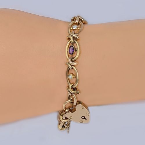 EDWARDIAN PEARL AND AMETHYST BRACELET HEART PADLOCK 9CT GOLD FANCY LINK ANTIQUE BRACELET - ADDITIONAL PHOTO 1