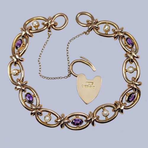 ANTIQUE EDWARDIAN AMETHYST PEARL BRACELET WITH HEART PADLOCK CLASP 9CT GOLD BIRMINGHAM 1906 HALLMARKS - ADDITIONAL PHOTO 1