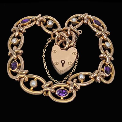 ANTIQUE EDWARDIAN AMETHYST PEARL BRACELET WITH HEART PADLOCK CLASP 9CT GOLD BIRMINGHAM 1906 HALLMARKS - ADDITIONAL PHOTO 2