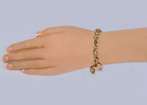 ANTIQUE EDWARDIAN AMETHYST PEARL BRACELET WITH HEART PADLOCK CLASP 9CT GOLD BIRMINGHAM 1906 HALLMARKS - ADDITIONAL PHOTO 4