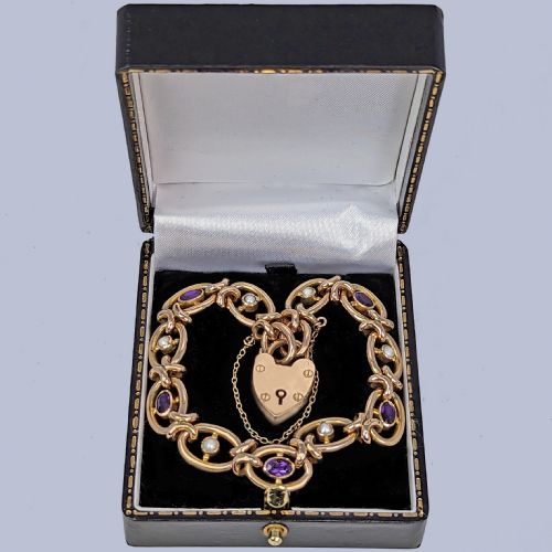 ANTIQUE EDWARDIAN AMETHYST PEARL BRACELET WITH HEART PADLOCK CLASP 9CT GOLD BIRMINGHAM 1906 HALLMARKS - ADDITIONAL PHOTO 5