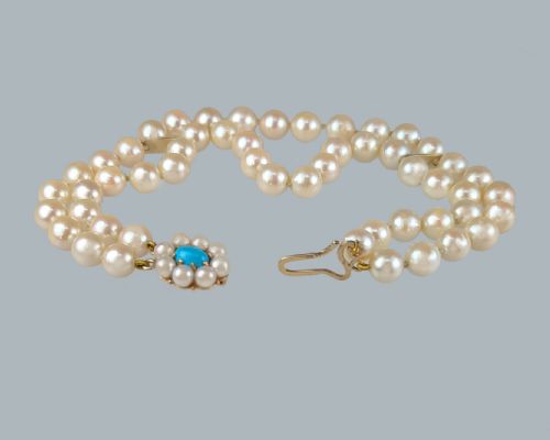 VINTAGE PEARL BRACELET WITH TURQUOISE 9CT GOLD CLUSTER CLASP 1960S DOUBLE STRAND PEARLS - ADDITIONAL PHOTO 4