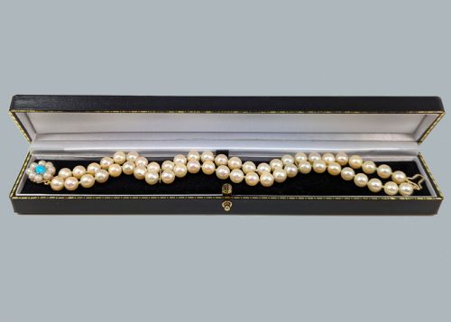 VINTAGE PEARL BRACELET WITH TURQUOISE 9CT GOLD CLUSTER CLASP 1960S DOUBLE STRAND PEARLS - ADDITIONAL PHOTO 5