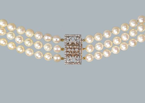 VINTAGE PEARL NECKLACE WITH ROSE CUT DIAMOND CLASP TRIPLE STRAND 1950S NECKLACE - ADDITIONAL PHOTO 5