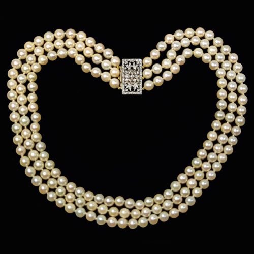 VINTAGE PEARL NECKLACE WITH ROSE CUT DIAMOND CLASP TRIPLE STRAND 1950S NECKLACE - ADDITIONAL PHOTO 6