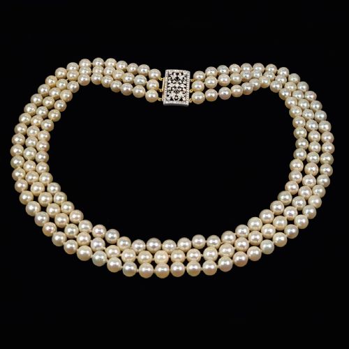 VINTAGE PEARL NECKLACE WITH ROSE CUT DIAMOND CLASP TRIPLE STRAND 1950S NECKLACE - ADDITIONAL PHOTO 8