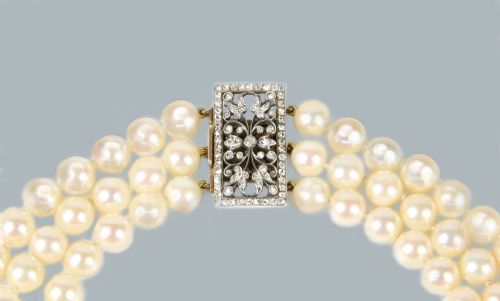 VINTAGE PEARL NECKLACE WITH ROSE CUT DIAMOND CLASP TRIPLE STRAND 1950S NECKLACE - ADDITIONAL PHOTO 10