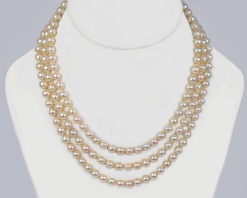 VINTAGE PEARL NECKLACE WITH ROSE CUT DIAMOND CLASP TRIPLE STRAND 1950S NECKLACE - ADDITIONAL PHOTO 11
