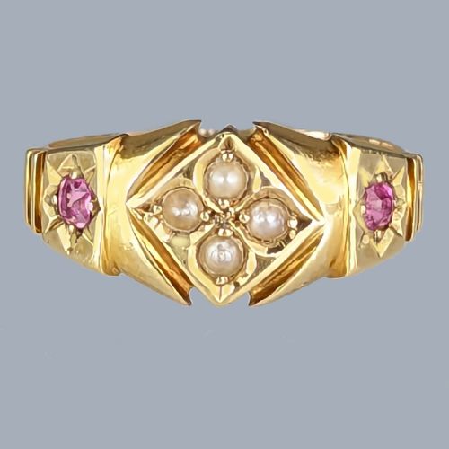 antique pearl and ruby 15ct gold ring victorian cluster ring circa 1880 size op - CATEGORY: ANTIQUE JEWELLERY - DATED VICTORIAN