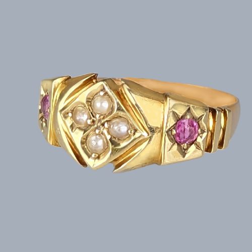 ANTIQUE PEARL AND RUBY 15CT GOLD RING VICTORIAN CLUSTER RING CIRCA 1880 SIZE OP - ADDITIONAL PHOTO 1