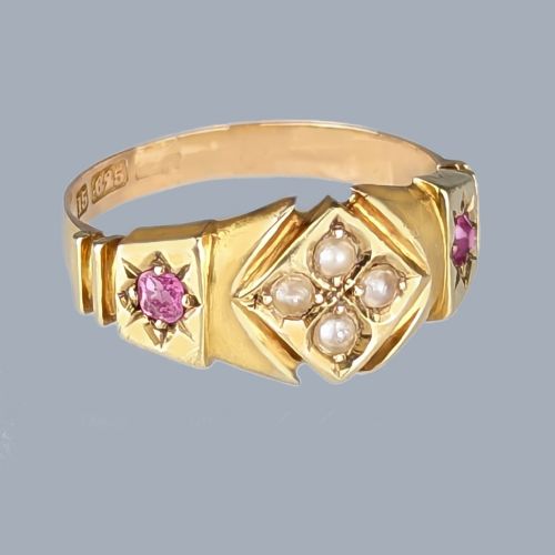 ANTIQUE PEARL AND RUBY 15CT GOLD RING VICTORIAN CLUSTER RING CIRCA 1880 SIZE OP - ADDITIONAL PHOTO 2