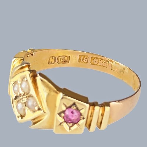 ANTIQUE PEARL AND RUBY 15CT GOLD RING VICTORIAN CLUSTER RING CIRCA 1880 SIZE OP - ADDITIONAL PHOTO 3