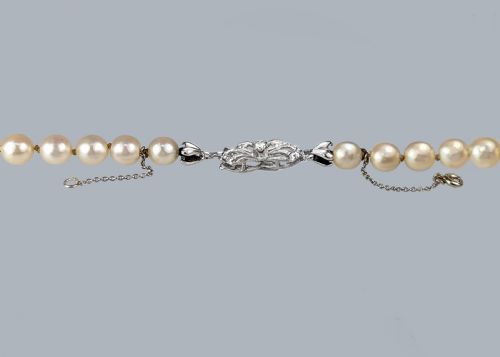 VINTAGE SINGLE PEARL NECKLACE 18CT WHITE GOLD DIAMOND CLASP UNOAERRE ITALY 1960S - ADDITIONAL PHOTO 2