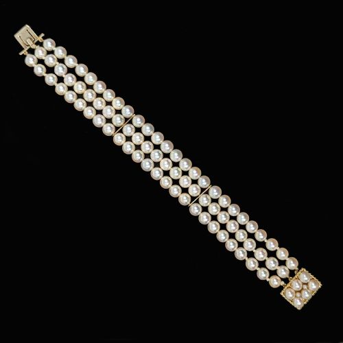 VINTAGE PEARL BRACELET WITH 9CT GOLD CLASP TRIPLE STRAND LONDON HALLMARKED - ADDITIONAL PHOTO 5