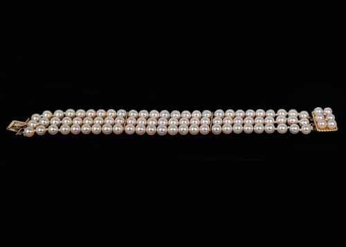 VINTAGE PEARL BRACELET WITH 9CT GOLD CLASP TRIPLE STRAND LONDON HALLMARKED - ADDITIONAL PHOTO 7