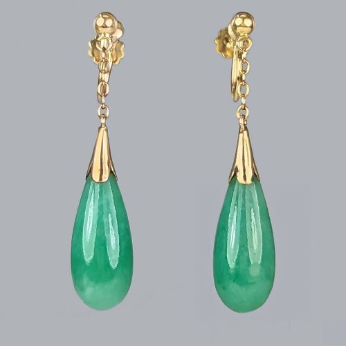 edwardian jade earrings 15ct gold dangle earrings antique art deco drop earrings - CATEGORY: ANTIQUE JEWELLERY - DATED EDWARDIAN