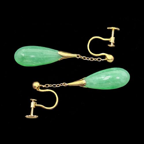 EDWARDIAN JADE EARRINGS 15CT GOLD DANGLE EARRINGS ANTIQUE ART DECO DROP EARRINGS - ADDITIONAL PHOTO 1
