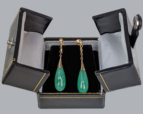 EDWARDIAN JADE EARRINGS 15CT GOLD DANGLE EARRINGS ANTIQUE ART DECO DROP EARRINGS - ADDITIONAL PHOTO 2