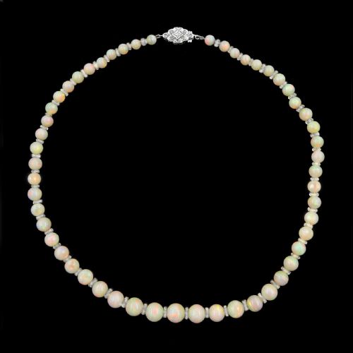 ANTIQUE OPAL BEAD AND ROCK CRYSTAL NECKLACE WITH DIAMOND CLASP EDWARDIAN CIRCA 1910