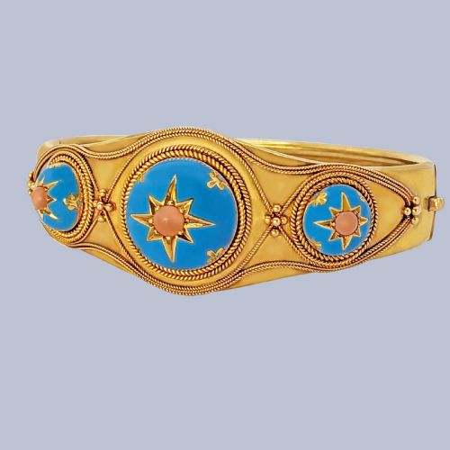 victorian coral and enamel bangle 18ct gold etruscan revival antique bracelet circa 1870 - CATEGORY: ANTIQUE JEWELLERY - DATED VICTORIAN