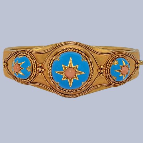 VICTORIAN CORAL AND ENAMEL BANGLE 18CT GOLD ETRUSCAN REVIVAL ANTIQUE BRACELET CIRCA 1870 - ADDITIONAL PHOTO 2