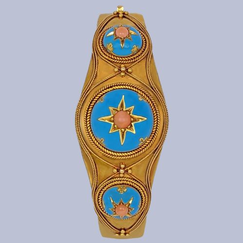 VICTORIAN CORAL AND ENAMEL BANGLE 18CT GOLD ETRUSCAN REVIVAL ANTIQUE BRACELET CIRCA 1870 - ADDITIONAL PHOTO 5
