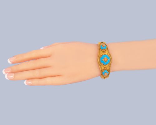 VICTORIAN CORAL AND ENAMEL BANGLE 18CT GOLD ETRUSCAN REVIVAL ANTIQUE BRACELET CIRCA 1870 - ADDITIONAL PHOTO 8