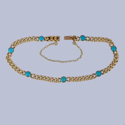 ANTIQUE TURQUOISE CURB LINK BRACELET 9CT YELLOW GOLD VINTAGE EDWARDIAN BRACELET - ADDITIONAL PHOTO 2