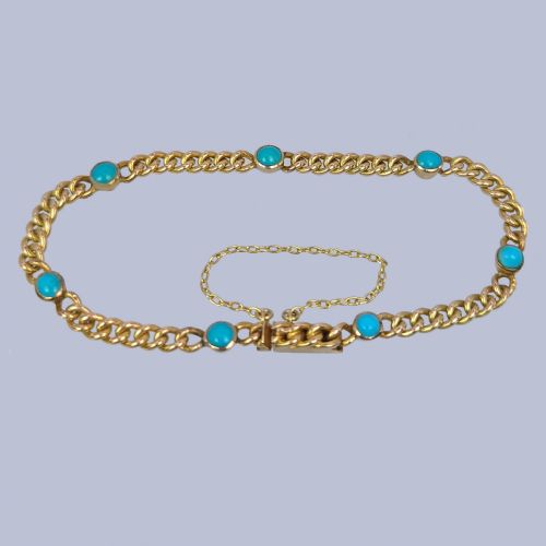 ANTIQUE TURQUOISE CURB LINK BRACELET 9CT YELLOW GOLD VINTAGE EDWARDIAN BRACELET - ADDITIONAL PHOTO 3