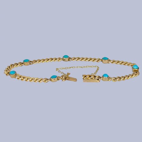 ANTIQUE TURQUOISE CURB LINK BRACELET 9CT YELLOW GOLD VINTAGE EDWARDIAN BRACELET - ADDITIONAL PHOTO 4
